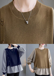 Modern Camel O-Neck Knit Patchwork Top Fall