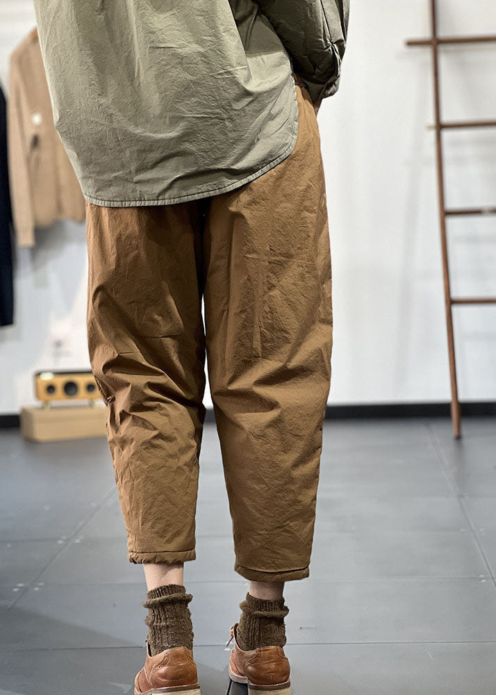 Modern Caramel Elastic Waist Pockets Patchwork Fine Cotton Filled Harem Pants Winter