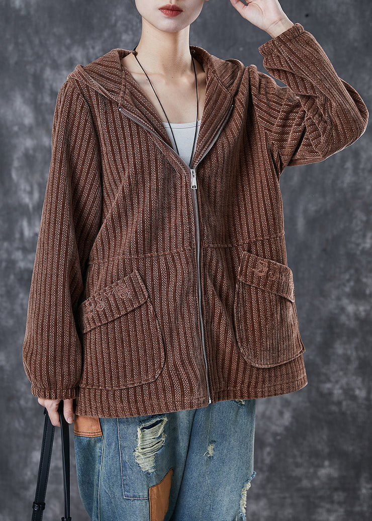 Modern Coffee Hooded Pockets Corduroy Coat Spring