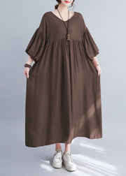 Modern Coffee Oversized Exra Large Hem Cotton Pleated Dresses Lantern Sleeve