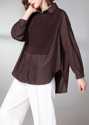 Modern Chocolate Peter Pan Collar Knit Patchwork Silk Shirt Tops Fall