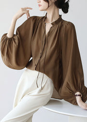 Modern Coffee Ruffled Lace Up Chiffon Shirt Top Lantern Sleeve