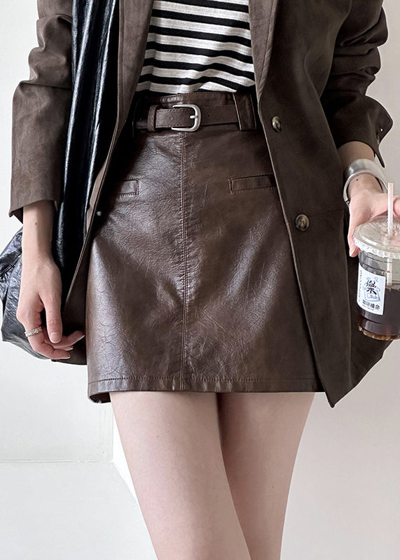 Modern Coffee Zippered High Waist Faux Leather Skirt Fall