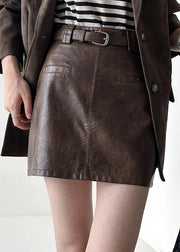 Modern Coffee Zippered High Waist Faux Leather Skirt Fall