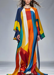 Modern Colorblock O Neck Silk Holiday Maxi Dress Long Sleeve