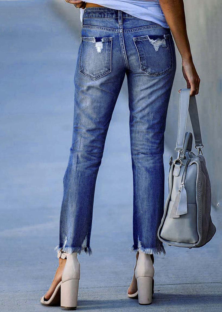 Modern Dark Blue Slim Fit Tassel Denim Pants Summer