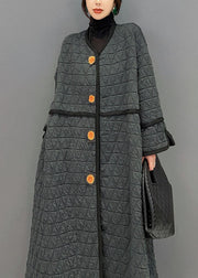 Modern Dark Grey V Neck Patchwork Fine Cotton Filled Loose Coat Winter