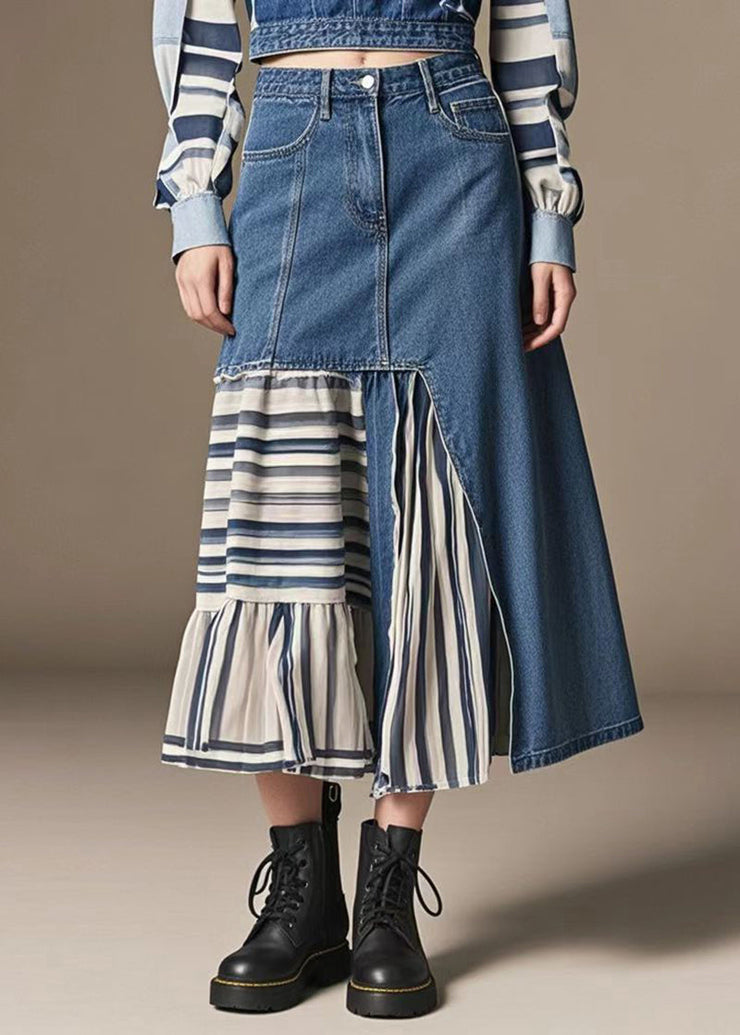 Modern Denim Blue Asymmetrical Patchwork Contton Skirts Spring