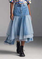 Modern Denim Blue Asymmetrical Patchwork Tulle Skirts Spring