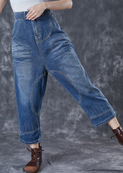 Modern Denim Blue Elastic Waist Pockets Cotton Harem Pants Fall