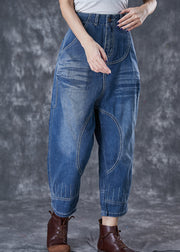 Modern Denim Blue Elastic Waist Pockets Cotton Harem Pants Fall