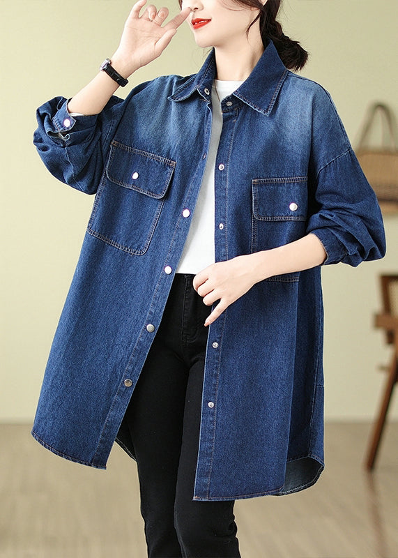 Modern Denim Blue Oversized Pockets Cotton Coat Spring