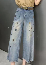 Modern Denim Blue Pockets High Waist Crop Wide Leg Pants Summer