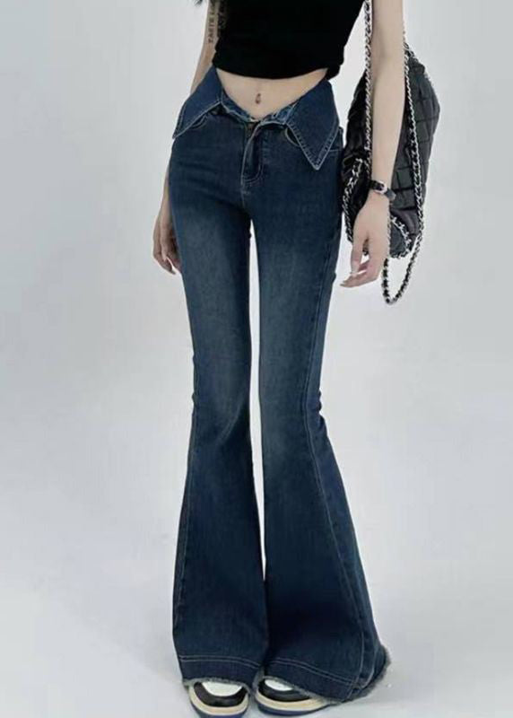 Modern Denim Blue Pockets High Waist Flare Bottoms Pants Summer