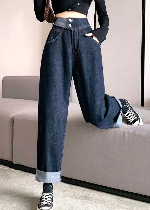 Modern Denim Blue Pockets High Waist Pants Fall