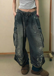 Modern Denim Blue Pockets High Waist Patchwork Crop Pants Fall