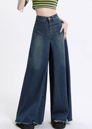 Modern Denim Blue Pockets High Waist Wide Leg Pants Fall