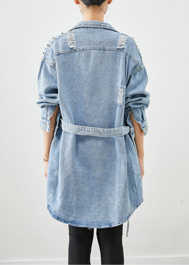 Modern Denim Blue Rivet Cotton Ripped Coats Fall