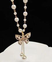 Modern Gold Alloy Pearl Zircon Butterfly Tassel Pendant Necklace