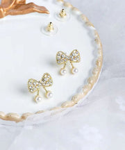 Modern Gold Alloy Zircon Pearl Bow Stud Earrings