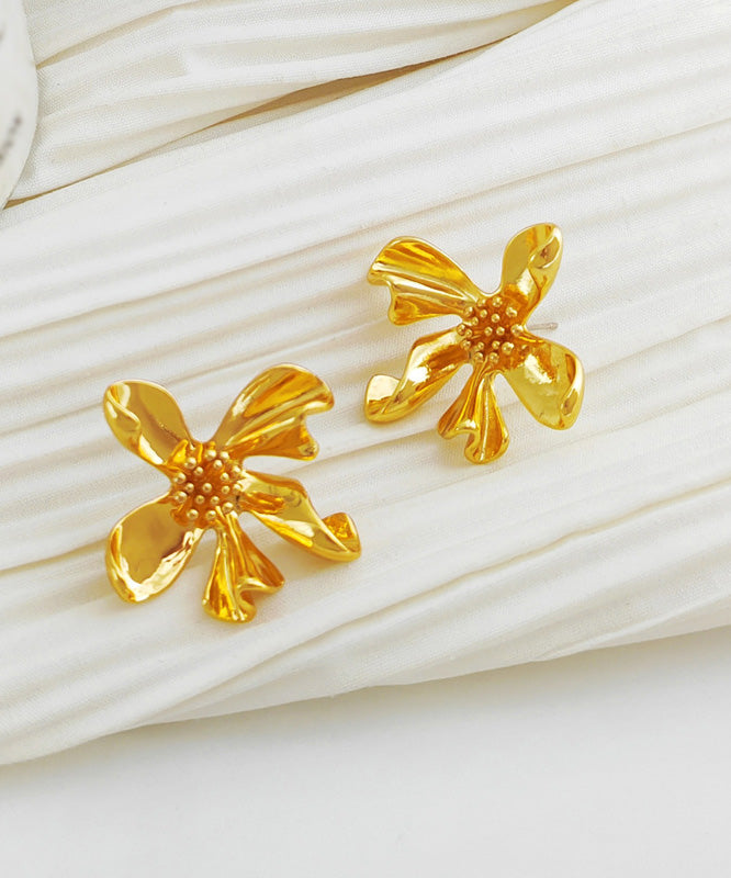 Modern Gold Copper Asymmetrical Floral Stud Earrings