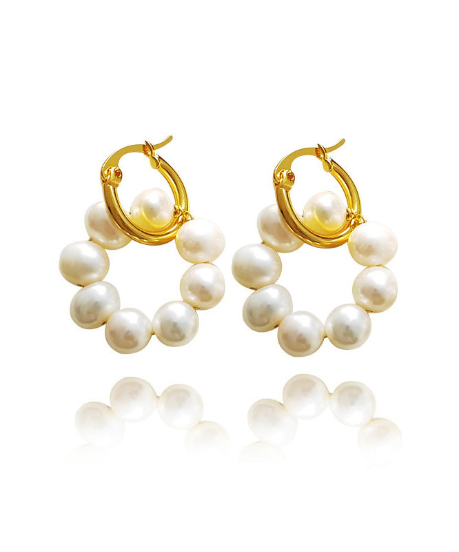 Modern Gold Copper Overgild Pearl Hoop Earrings