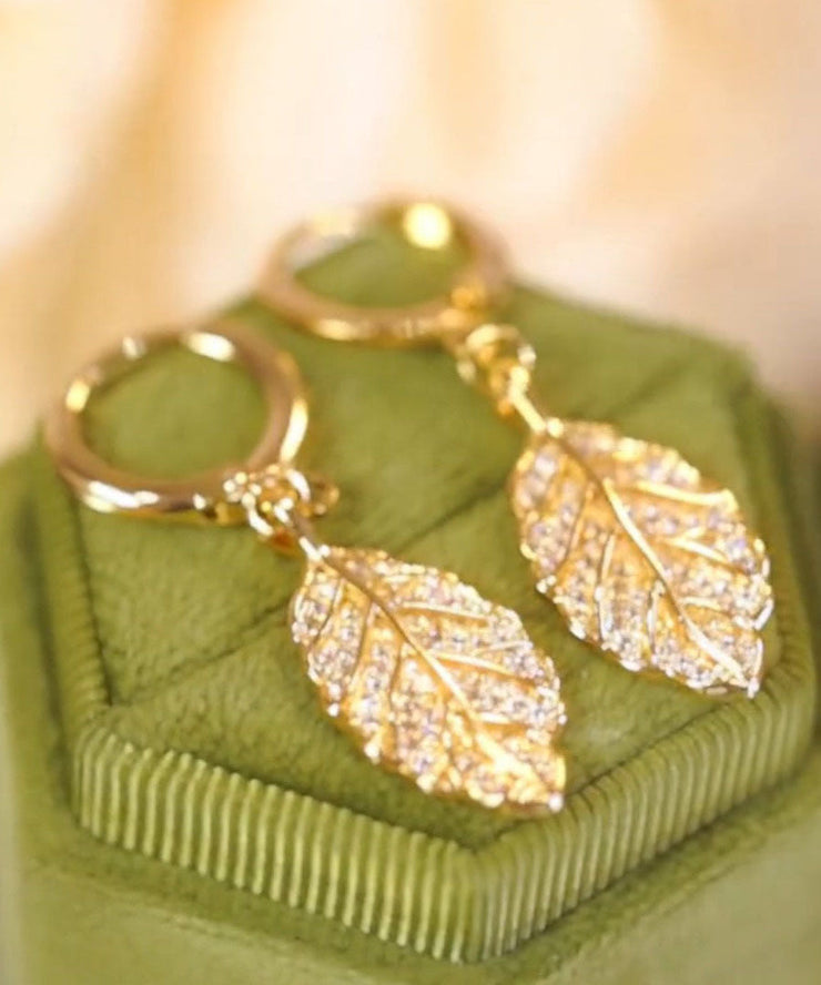 Modern Gold Copper Overgild Zircon Leaf Drop Earrings