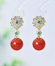 Modern Gold Sterling Silver Overgild Agate Zircon Floral Drop Earrings