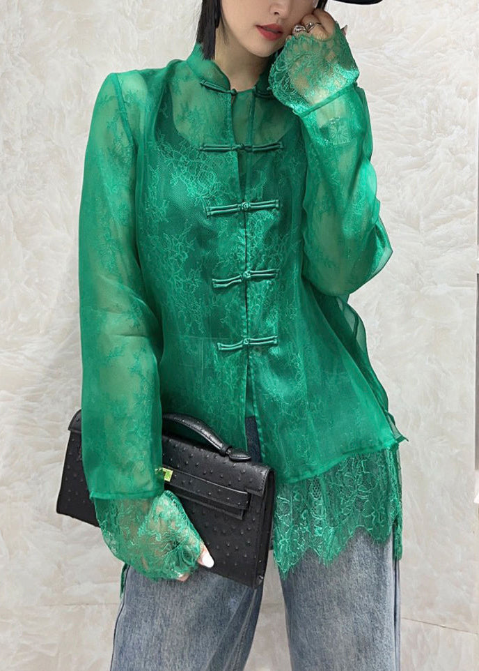 Modern Green Chinese Button Lace Patchwork Tulle Shirt Tops Fall