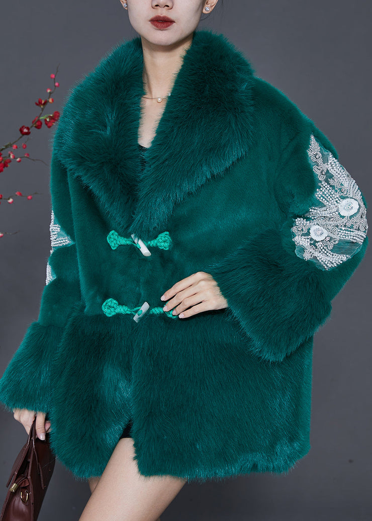 Modern Green Chinese Button Patchwork Mink Velvet Trench Winter