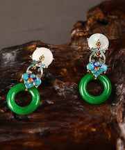 Modern Green Copper Cloisonne Jadeite Dry Green Floral Drop Earrings