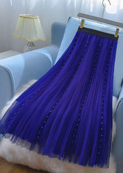 Modern Green Elastic Waist Nail Bead Tulle Pleated Skirts Spring