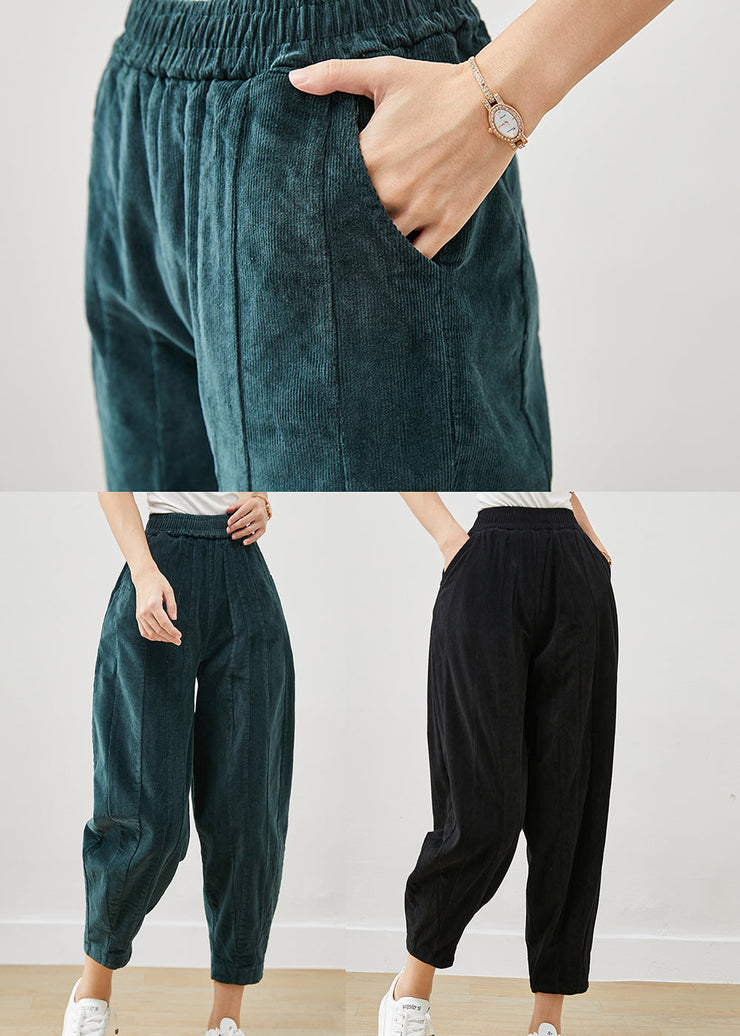 Modern Green Elastic Waist Patchwork Corduroy Crop Pants Winter