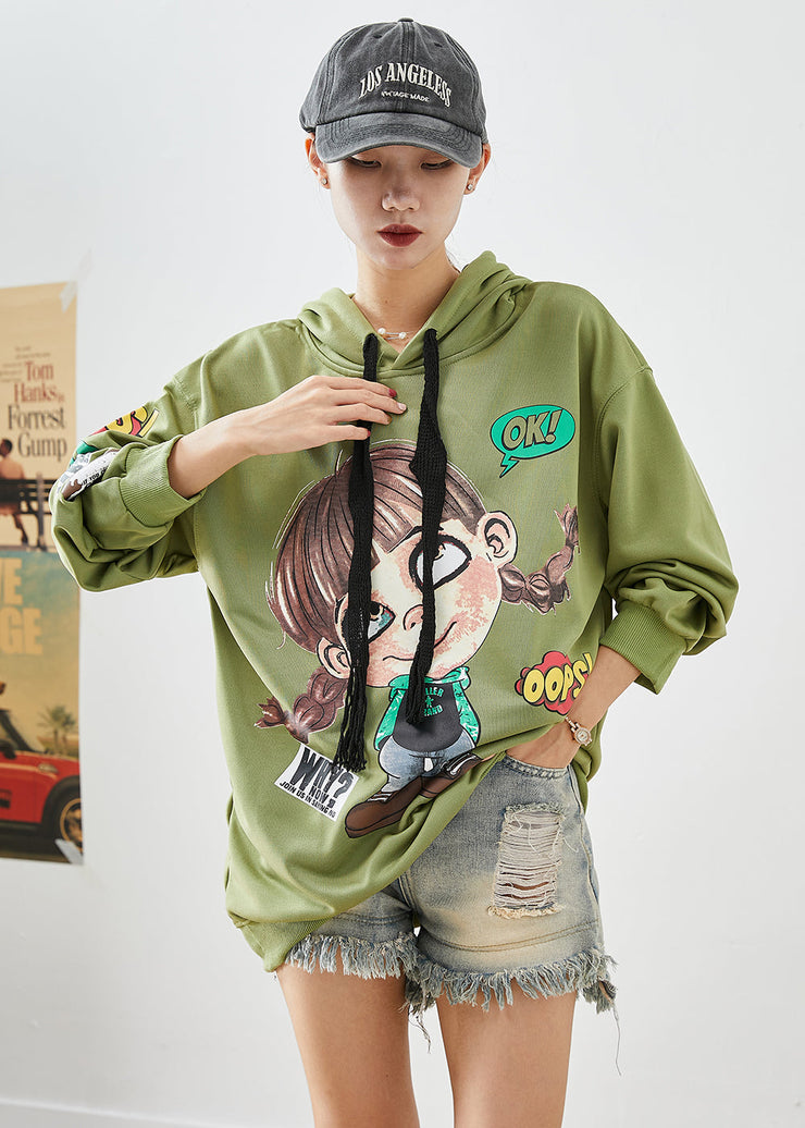 Modern Green Hooded Cartoon Print Cotton Sweatshirts Top Fall