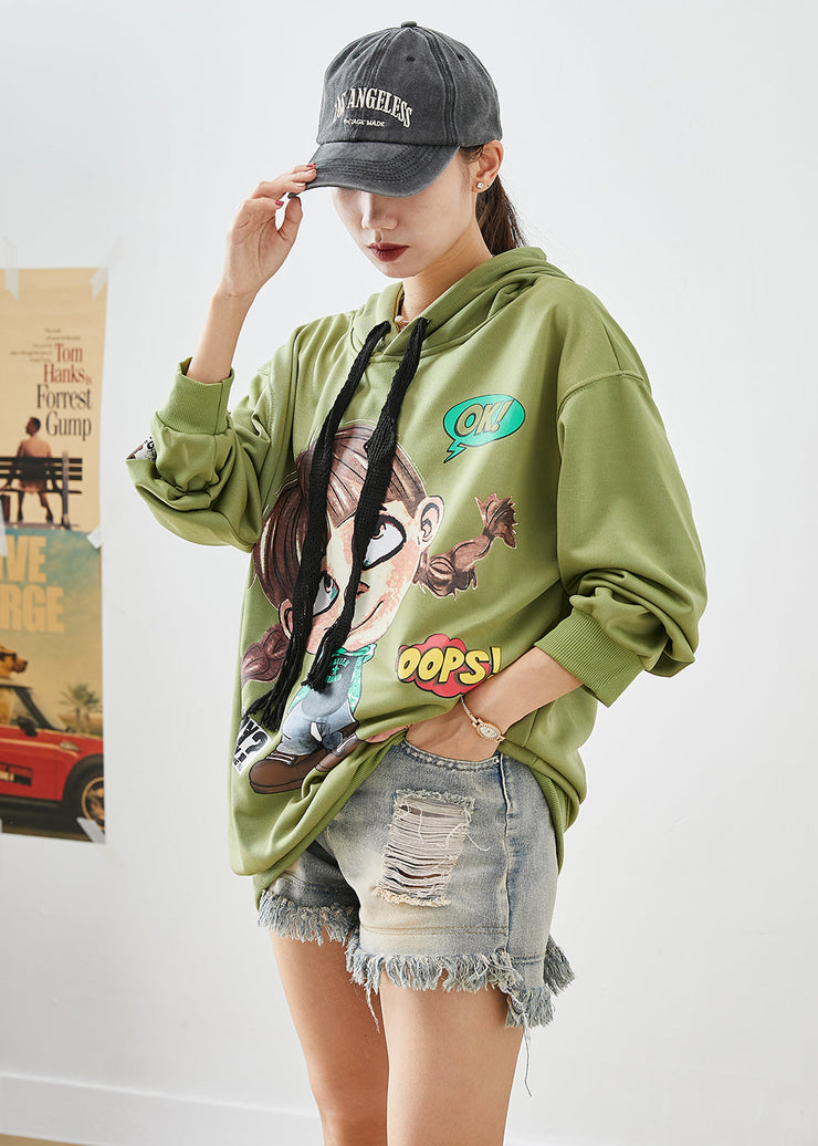 Modern Green Hooded Cartoon Print Cotton Sweatshirts Top Fall