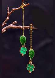 Modern Green Leaf Metal Tassels Drop Earrings