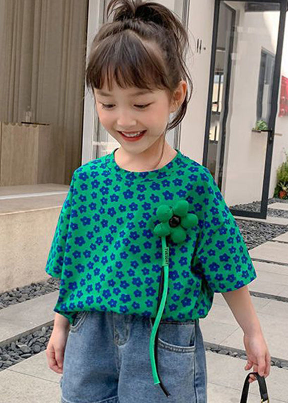 Modern Green O-Neck Print Girls T Shirt Short Sleeve