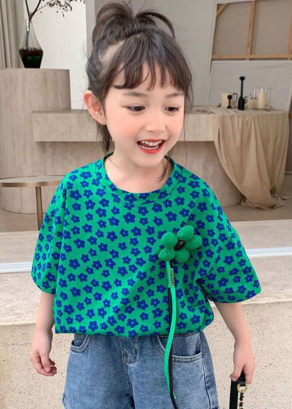 Modern Green O-Neck Print Girls T Shirt Short Sleeve