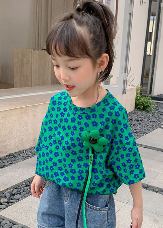 Modern Green O-Neck Print Girls T Shirt Short Sleeve