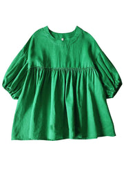 Modern Green O Neck Wrinkled Patchwork Cotton Tops Summer