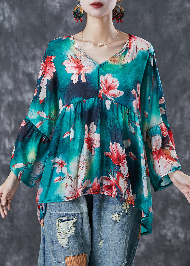 Modern Green Oversized Floral Print Cotton Tops Fall