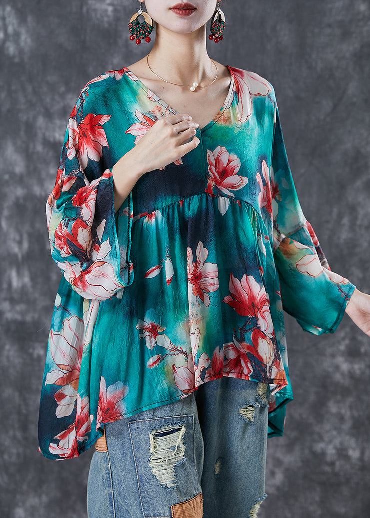 Modern Green Oversized Floral Print Cotton Tops Fall