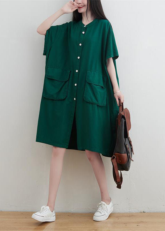 Modern Green Oversized Pockets Linen Maxi Dress Short Sleeve