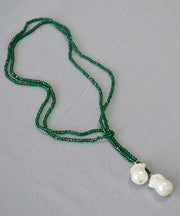 Modern Green Pearl Crystal Beading Sweater Pendant Necklace