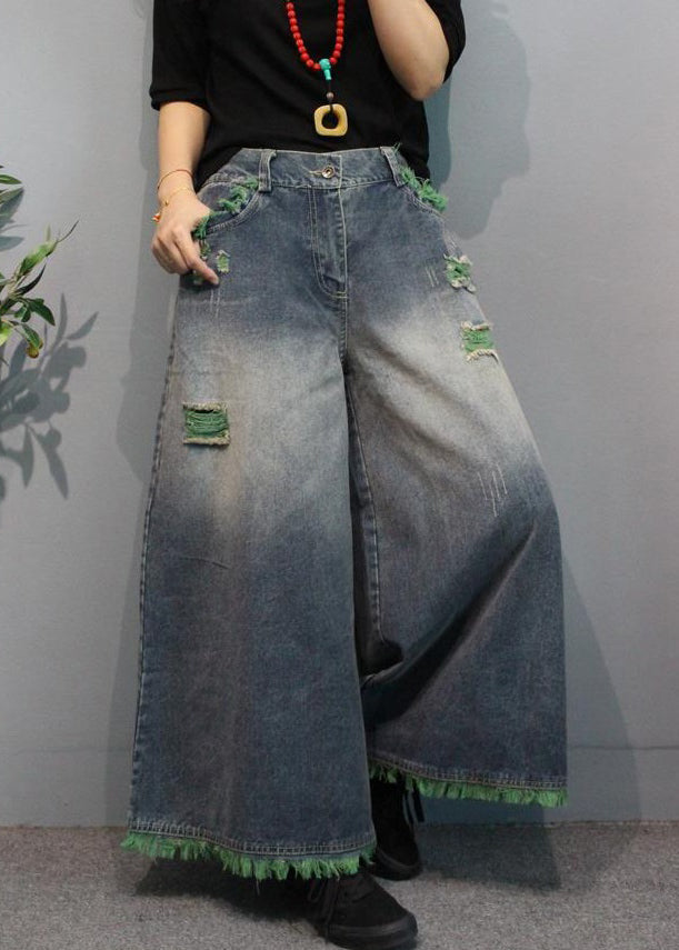 Modern Green Pockets High Waist Denim Wide Leg Pants Summer