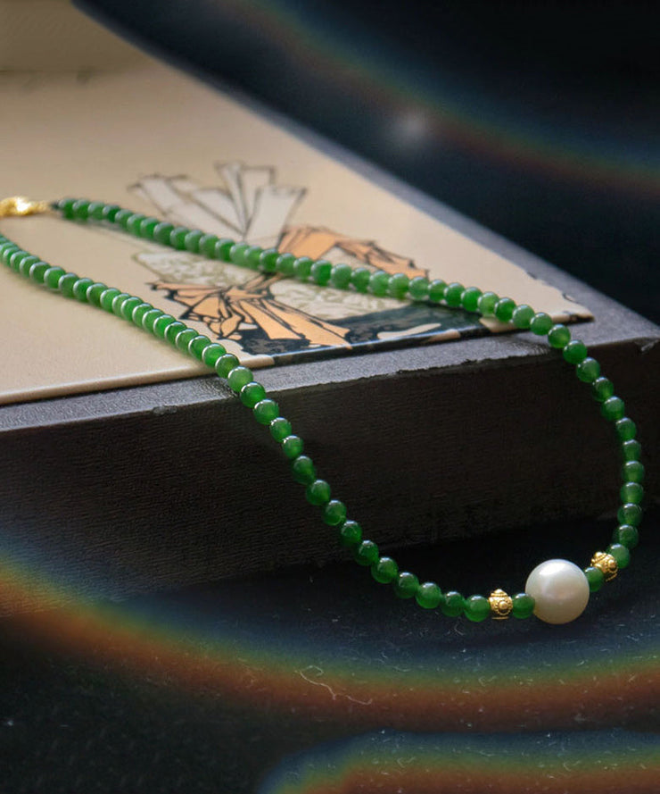 Modern Green Sterling Silver Overgild Jade Pearl Graduated Bead Necklace