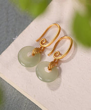 Modern Green Sterling Silver Overgild Jade Ping Buckle Drop Earrings