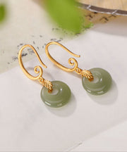 Modern Green Sterling Silver Overgild Jade Ping Buckle Drop Earrings