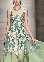 Modern Green Three-dimensional Chrysanthemum Exra Large Hem Chiffon Party Dress Summer