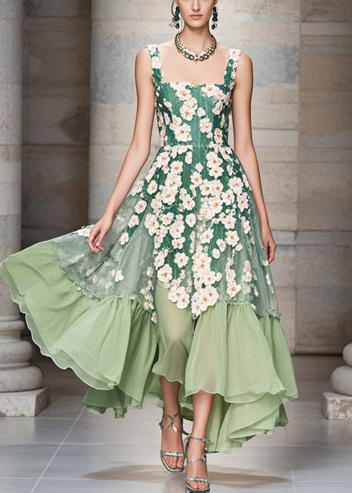 Modern Green Three-dimensional Chrysanthemum Exra Large Hem Chiffon Party Dress Summer